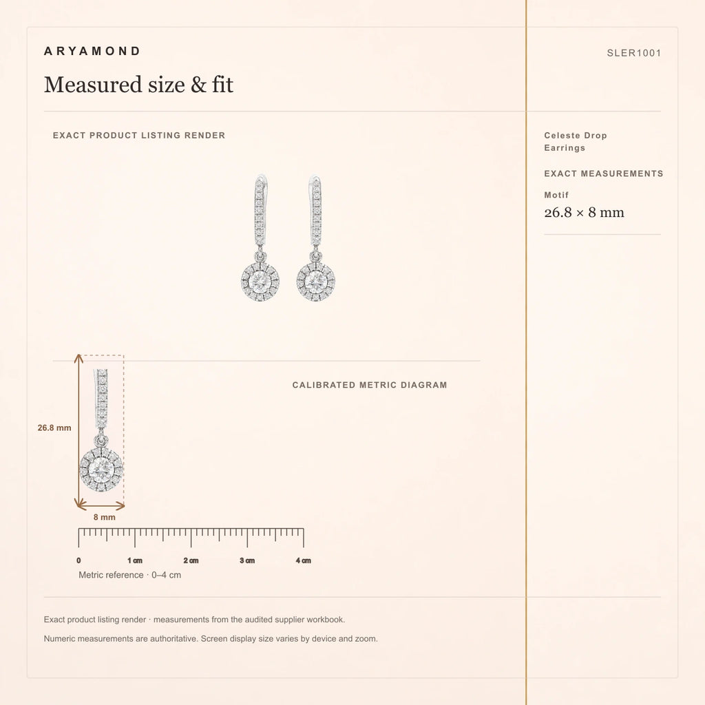 Celeste Drop Earrings measured size and fit guide