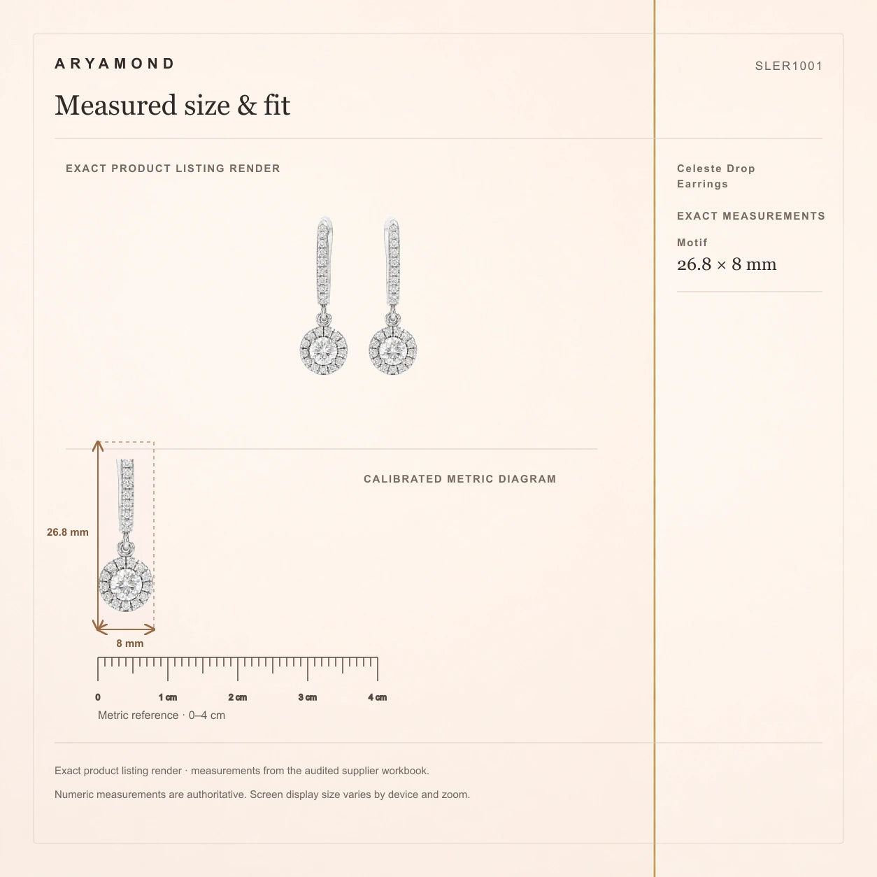 Celeste Drop Earrings measured size and fit guide