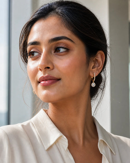 Celeste Drop Earrings in an ARYAMOND editorial image
