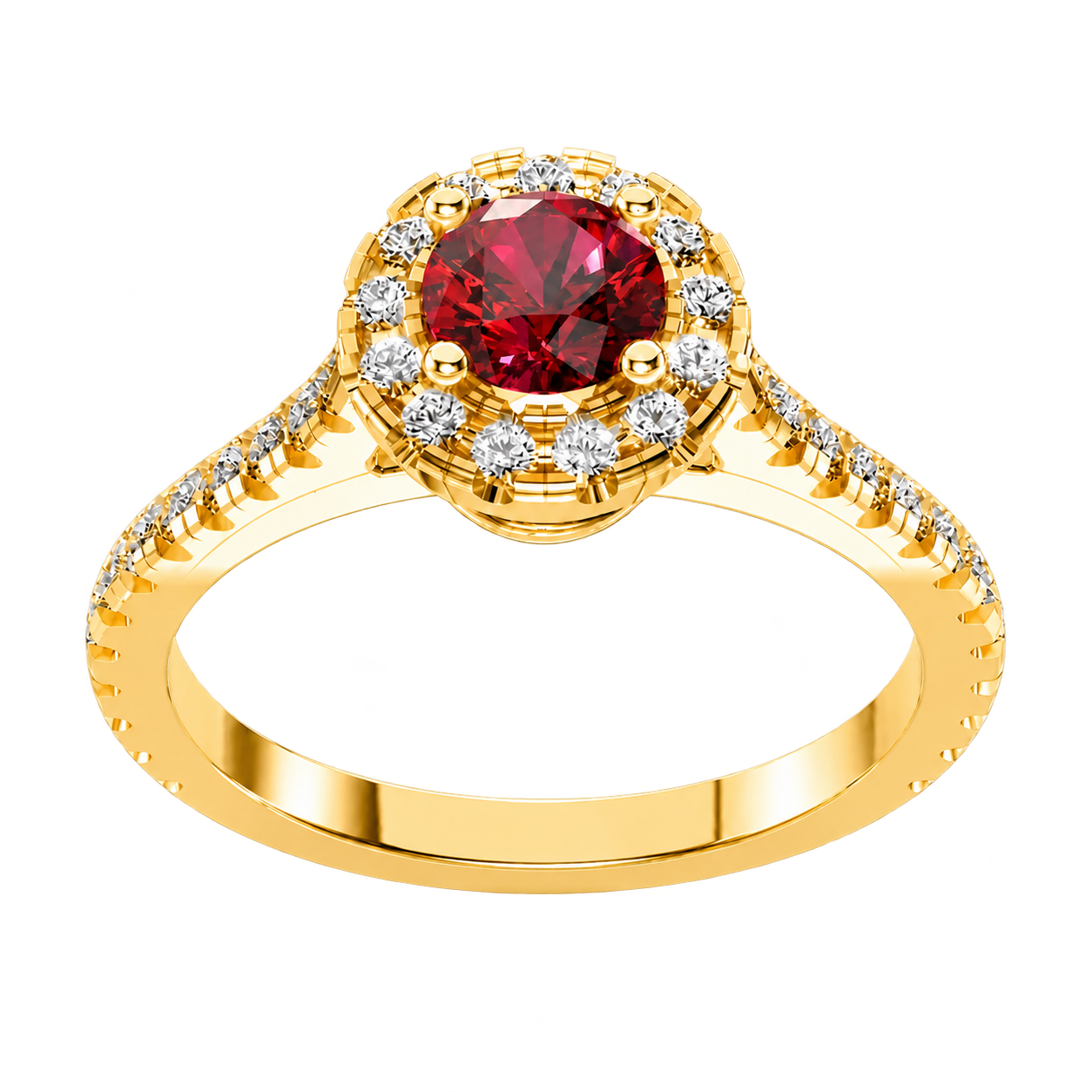 Celeste Halo Ring, red stone, gold finish