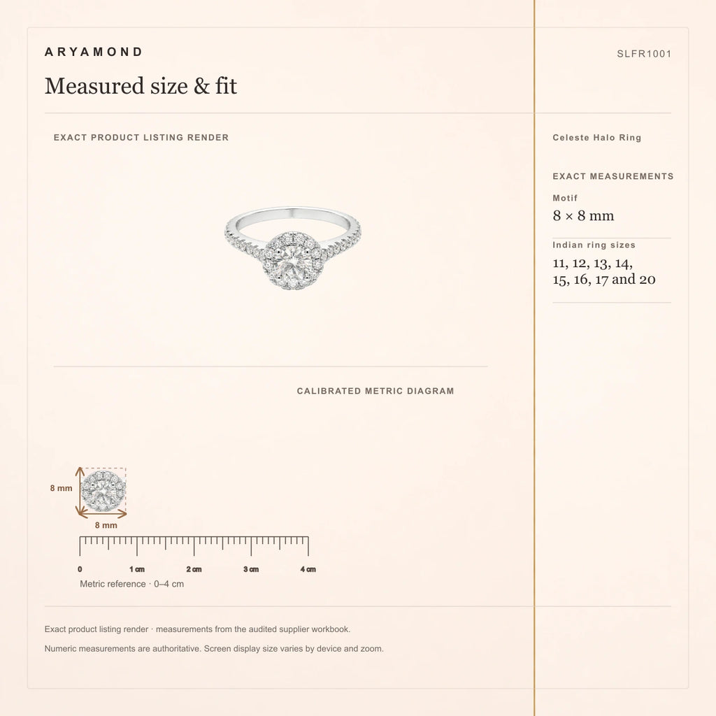 Celeste Halo Ring measured size and fit guide