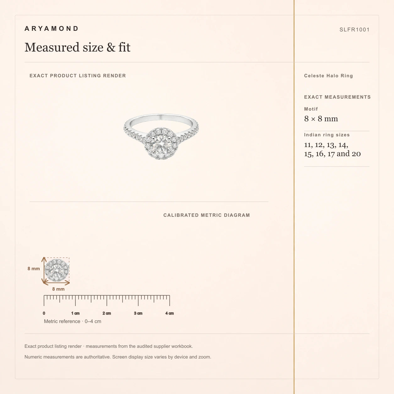 Celeste Halo Ring measured size and fit guide