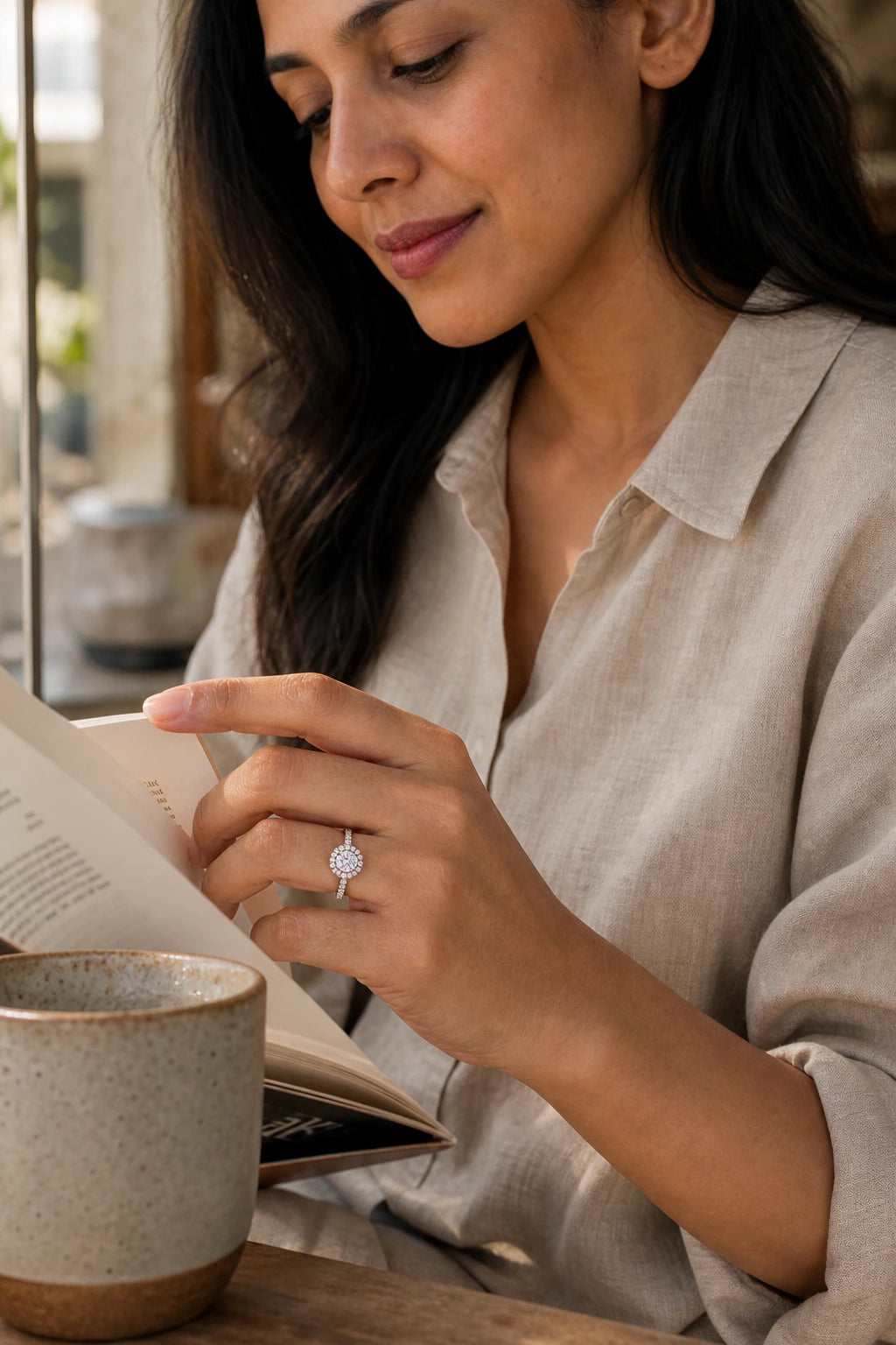 Celeste Halo Ring in an ARYAMOND editorial image