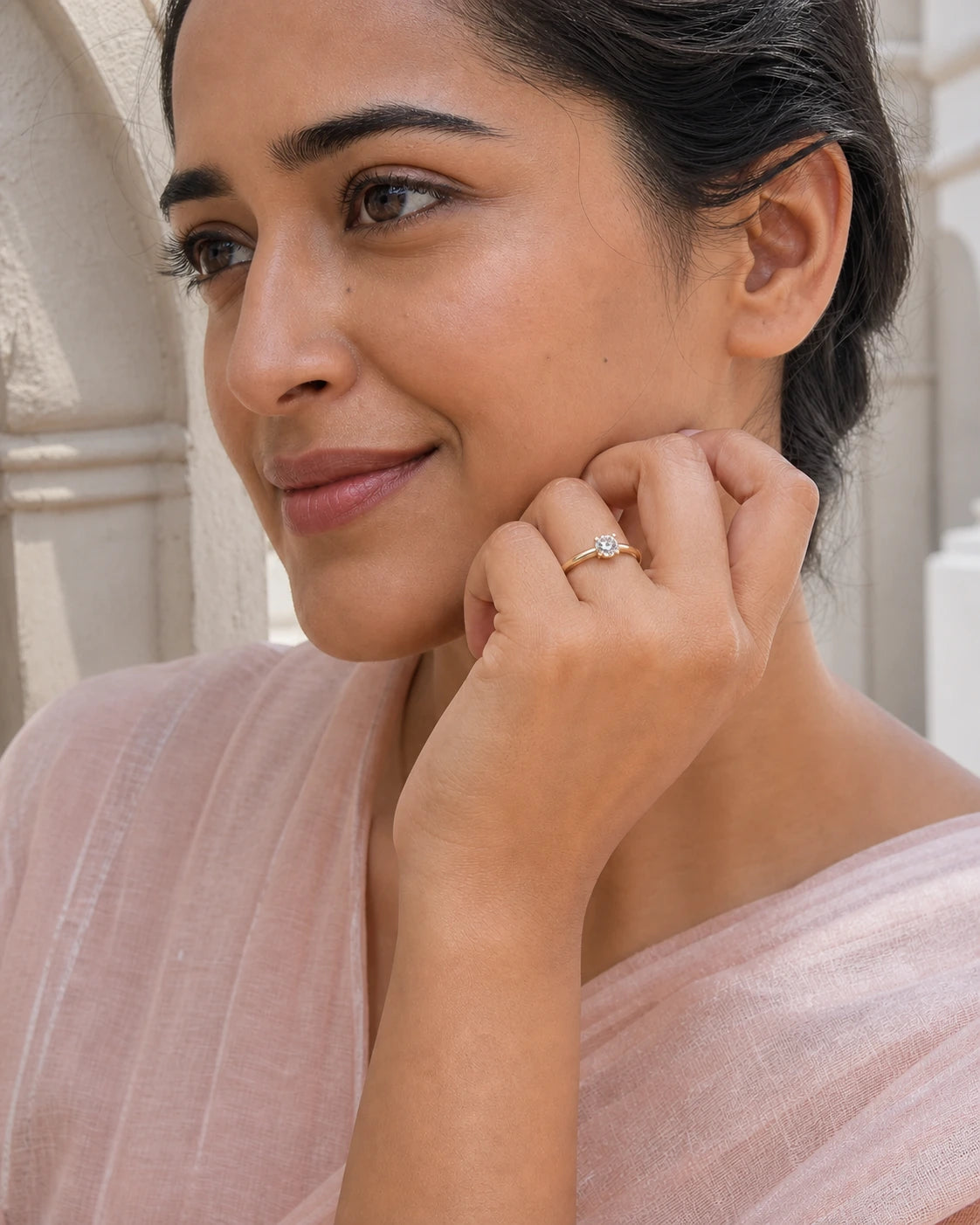 Classic Solitaire Ring in an ARYAMOND editorial image