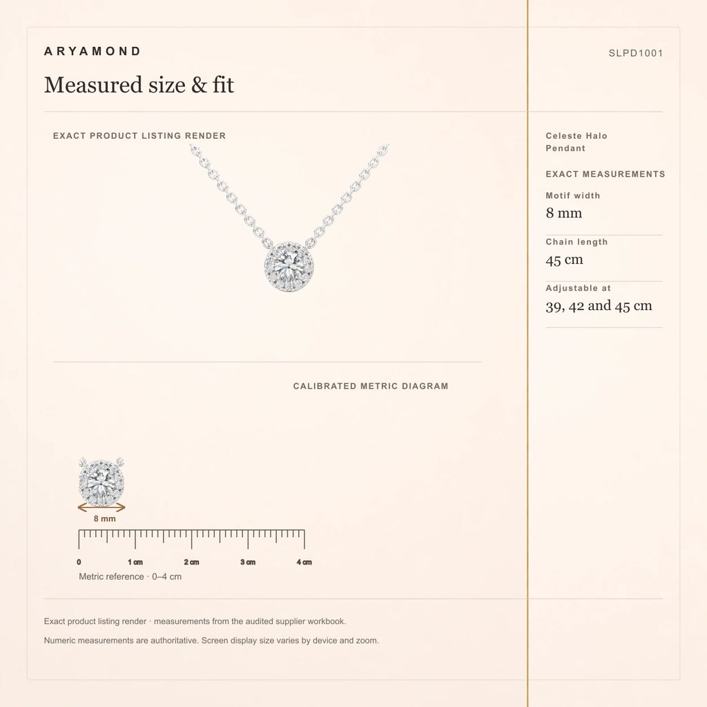 Celeste Halo Pendant measured size and fit guide