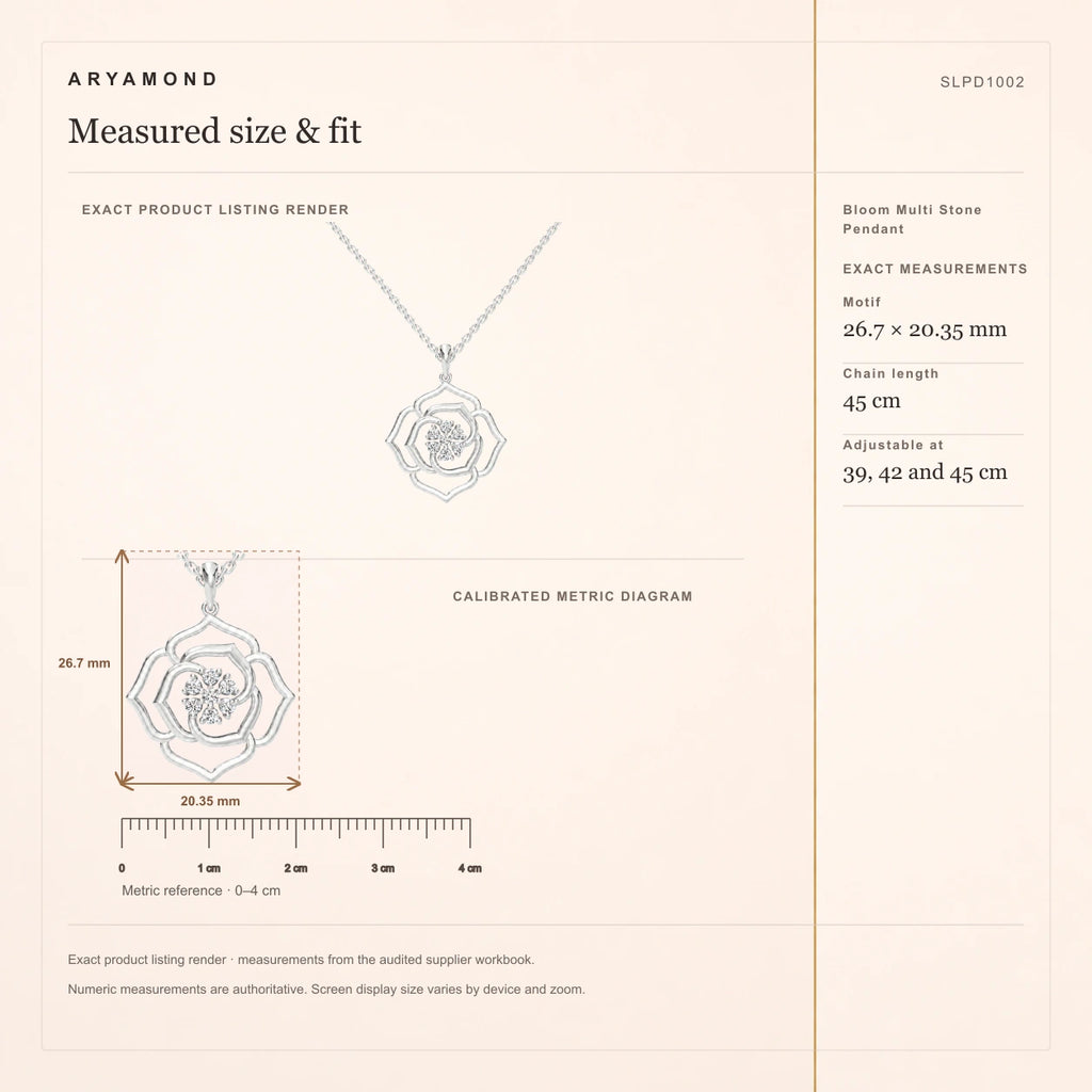 Bloom Multi Stone Pendant measured size and fit guide