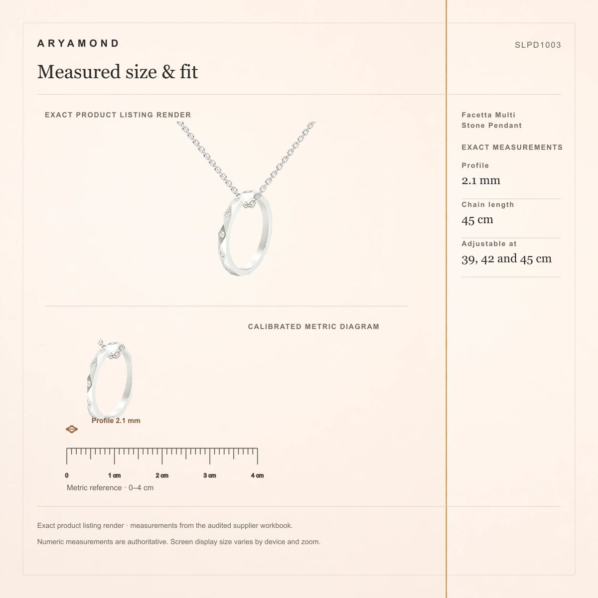 Facetta Multi Stone Pendant measured size and fit guide