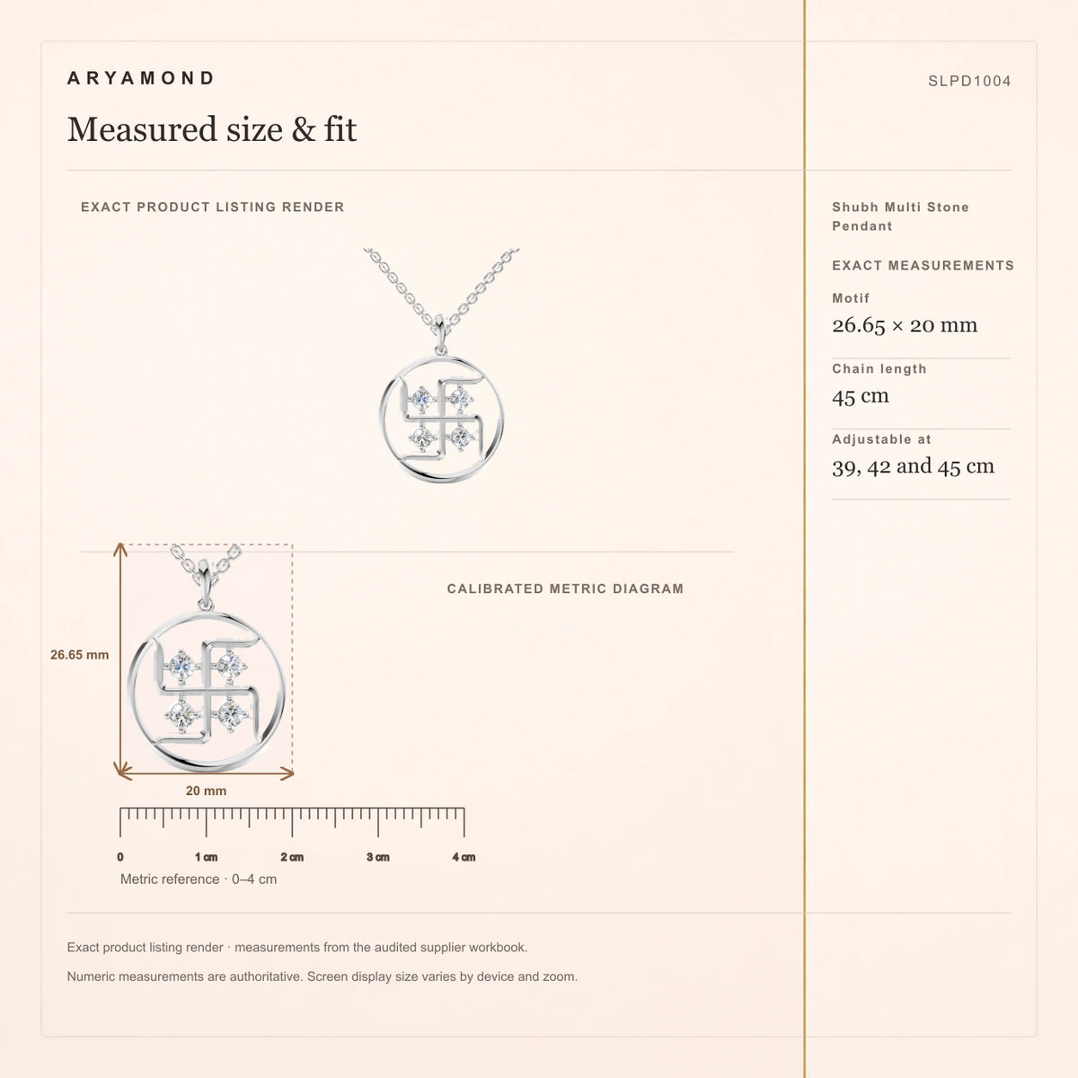 Shubh Multi Stone Pendant measured size and fit guide