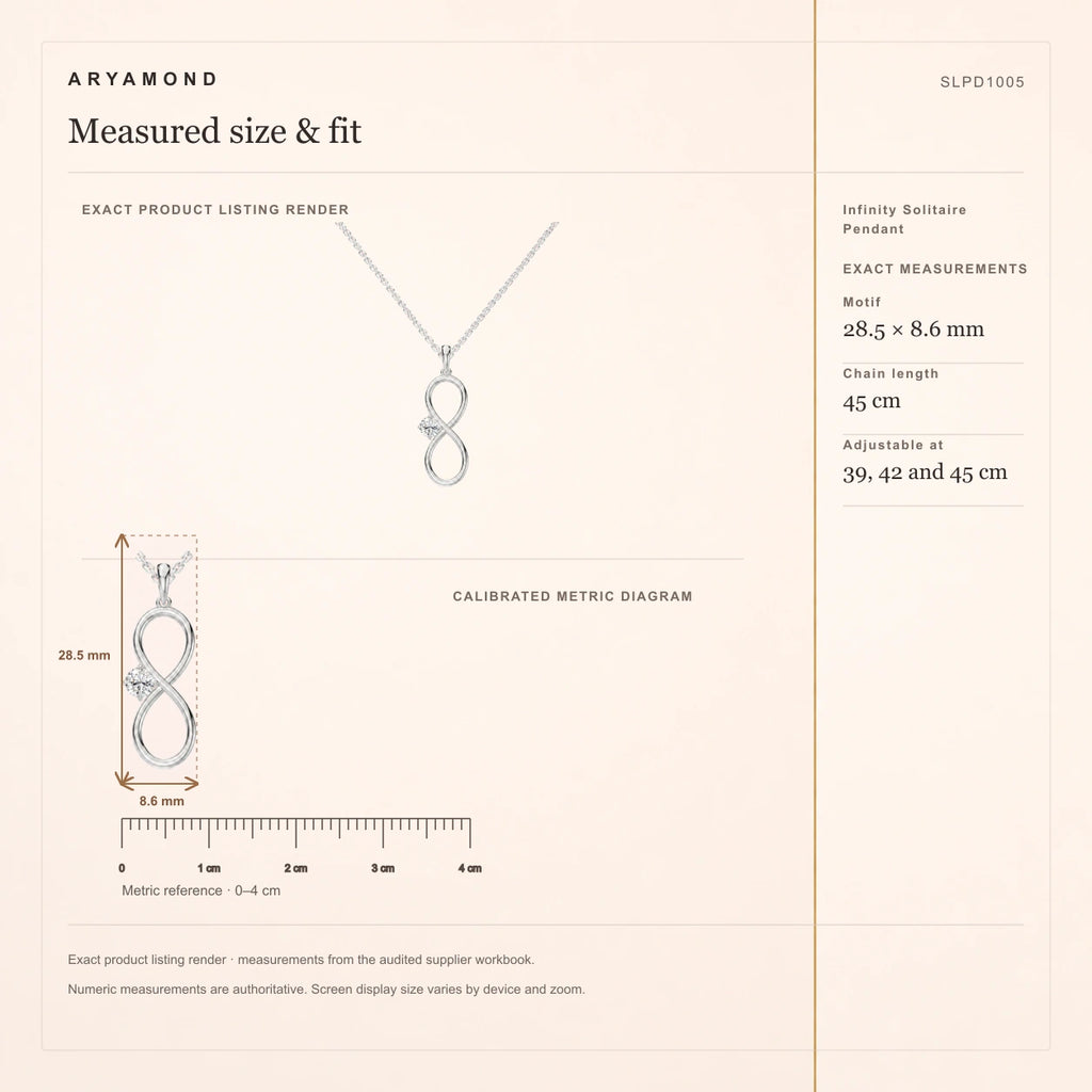 Infinity Solitaire Pendant measured size and fit guide